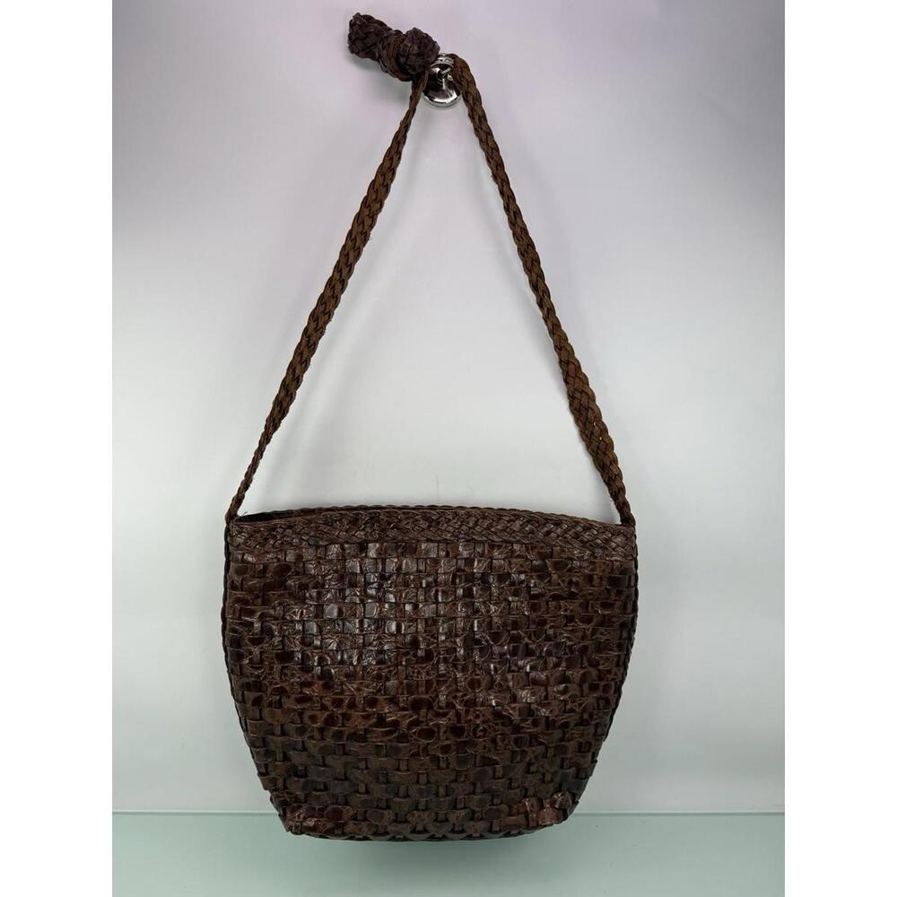 Vintage Woven Brown Leather Shoulder‎ Bag Boho Brazil LJS Collection Handbag 80s